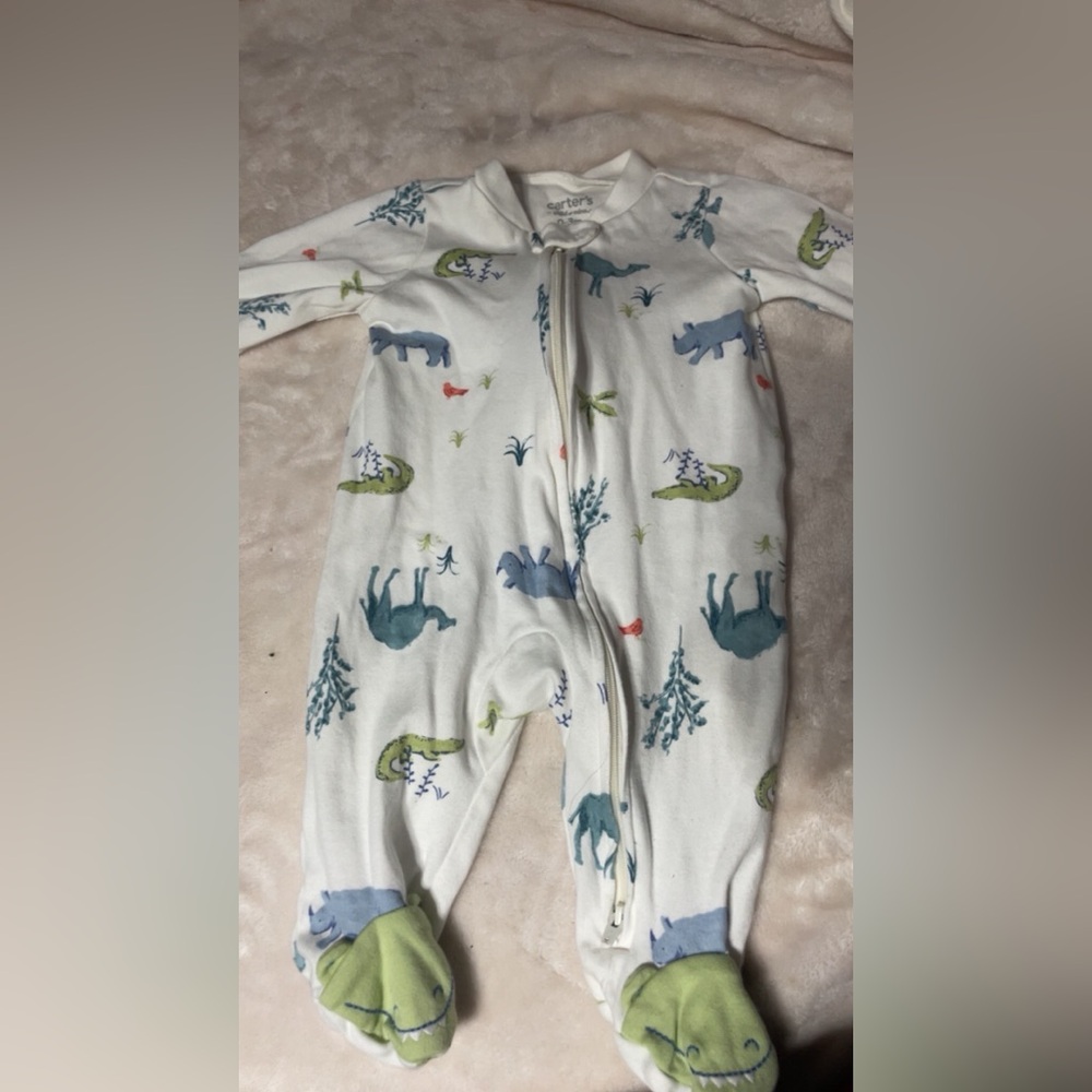 Child of Mine White and Green Animal Print Footie
